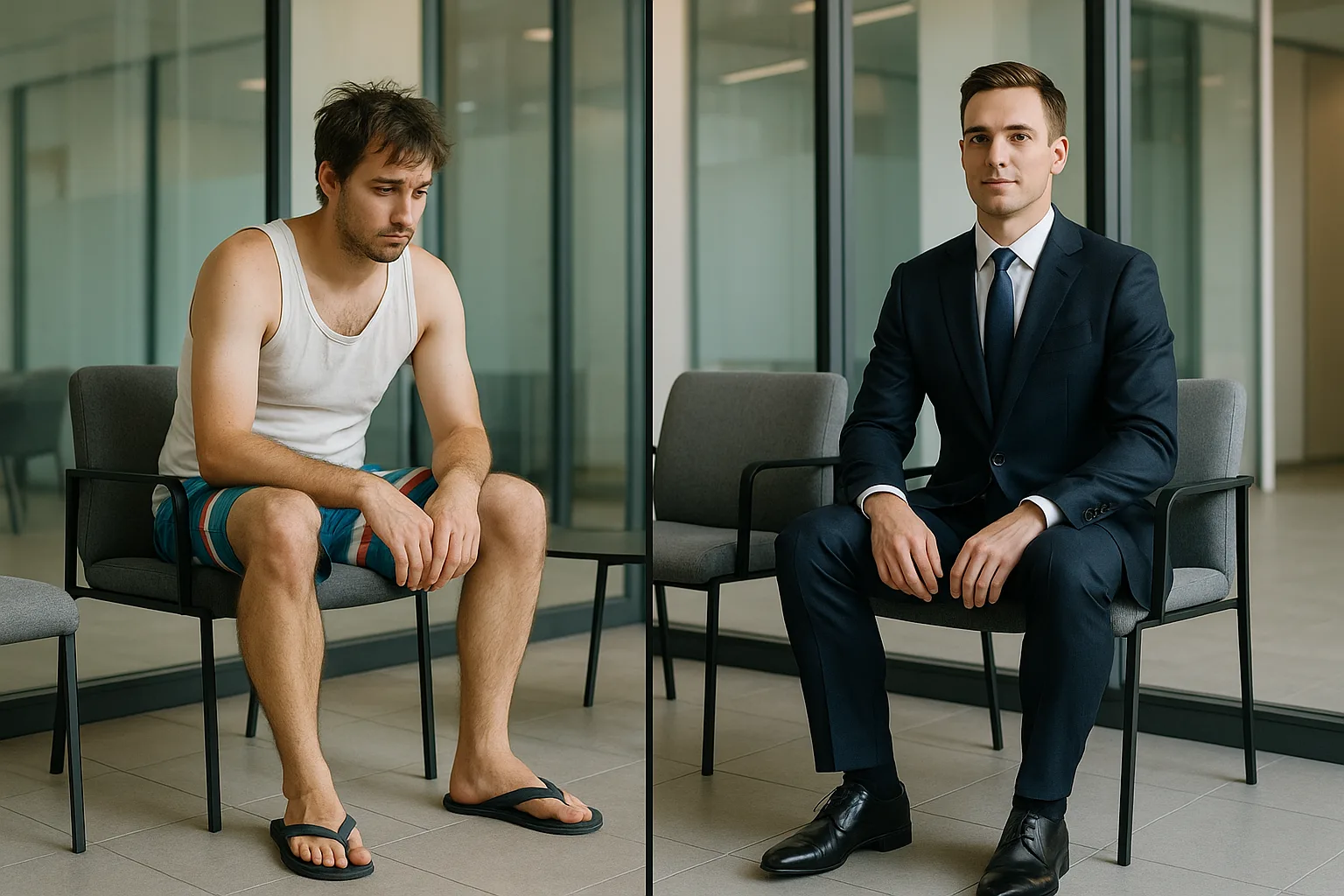 Dois candidatos na mesma entrevista. Um de regata e chinelo, o outro de terno.